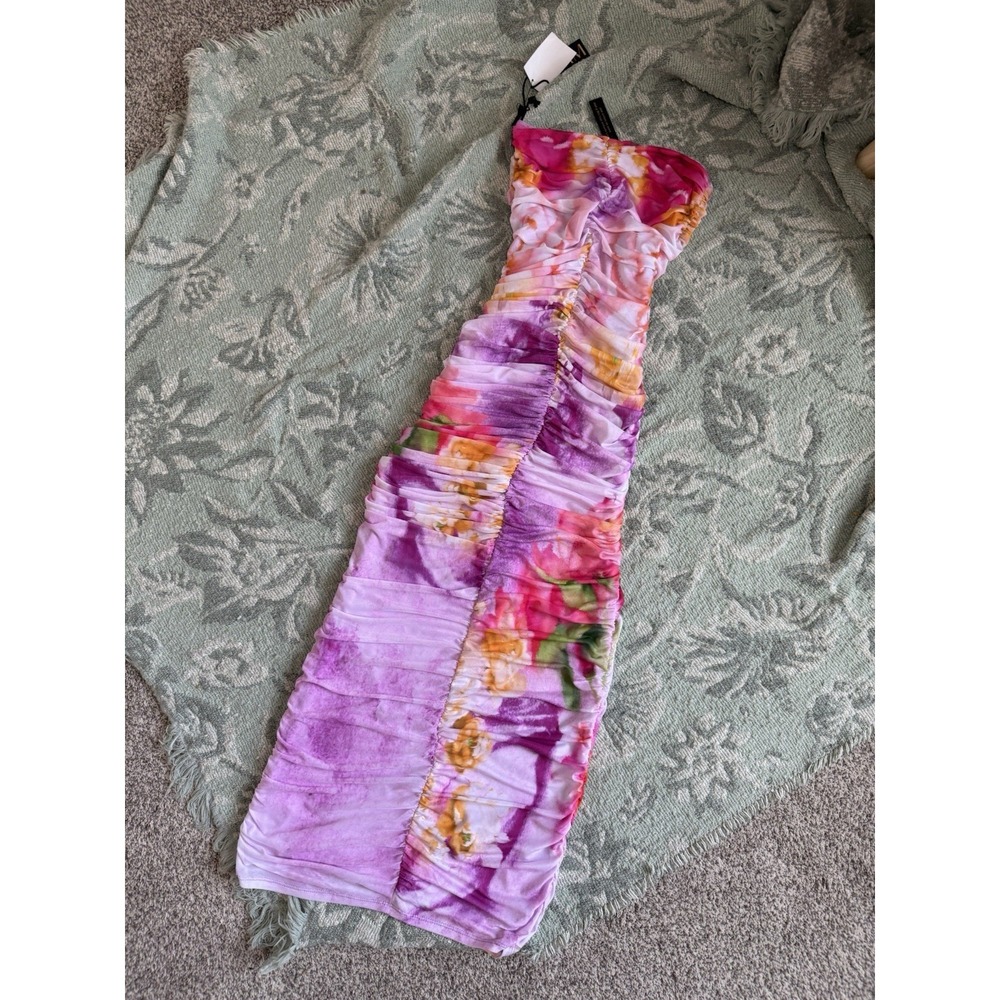 AFRM Floral Portrait Ruched Mesh Maxi Dress Strapless Sleeveless Purple S